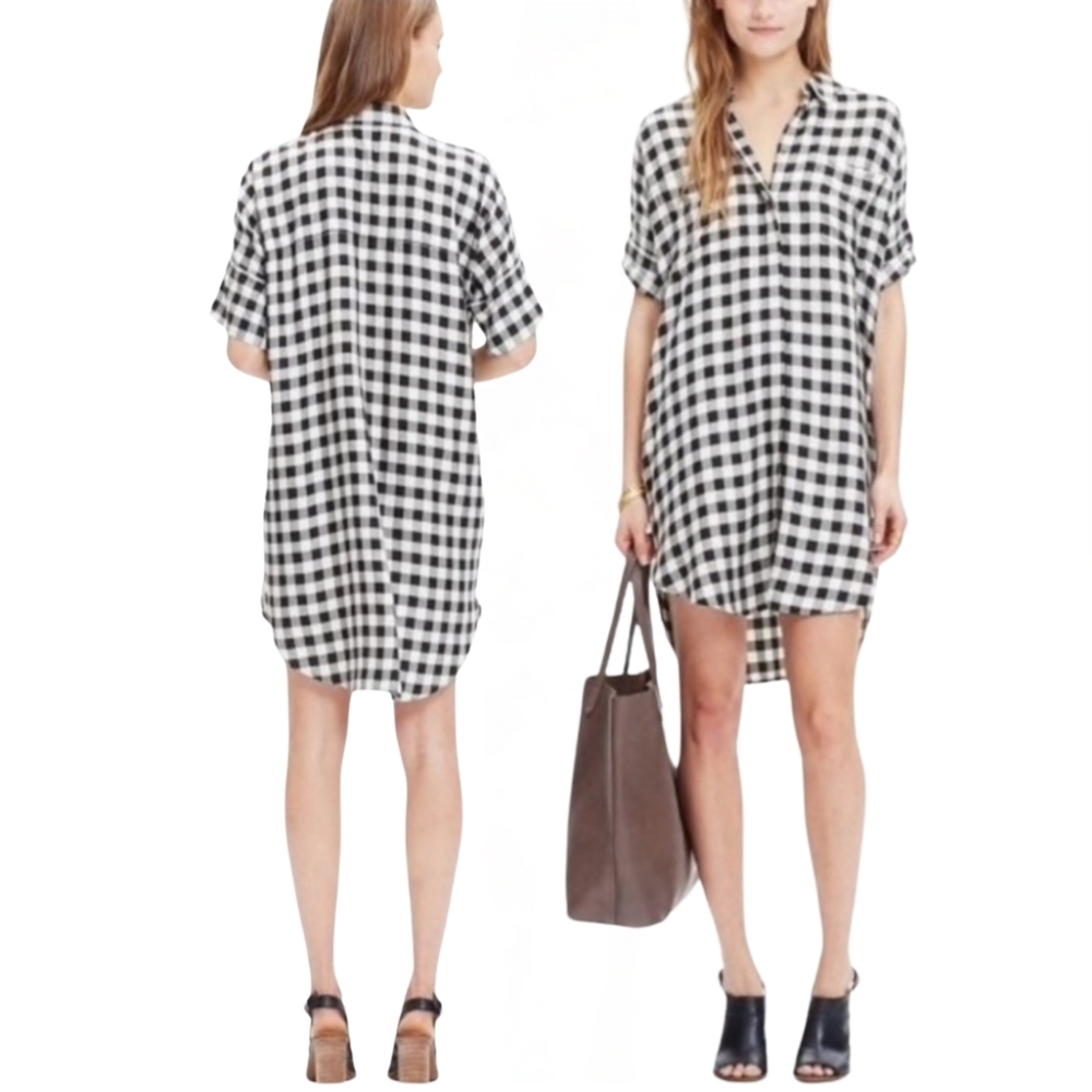 Madewell Courier Shirtdress Check Black-White/Cream Buttoned Midi Dress SIZE XXS